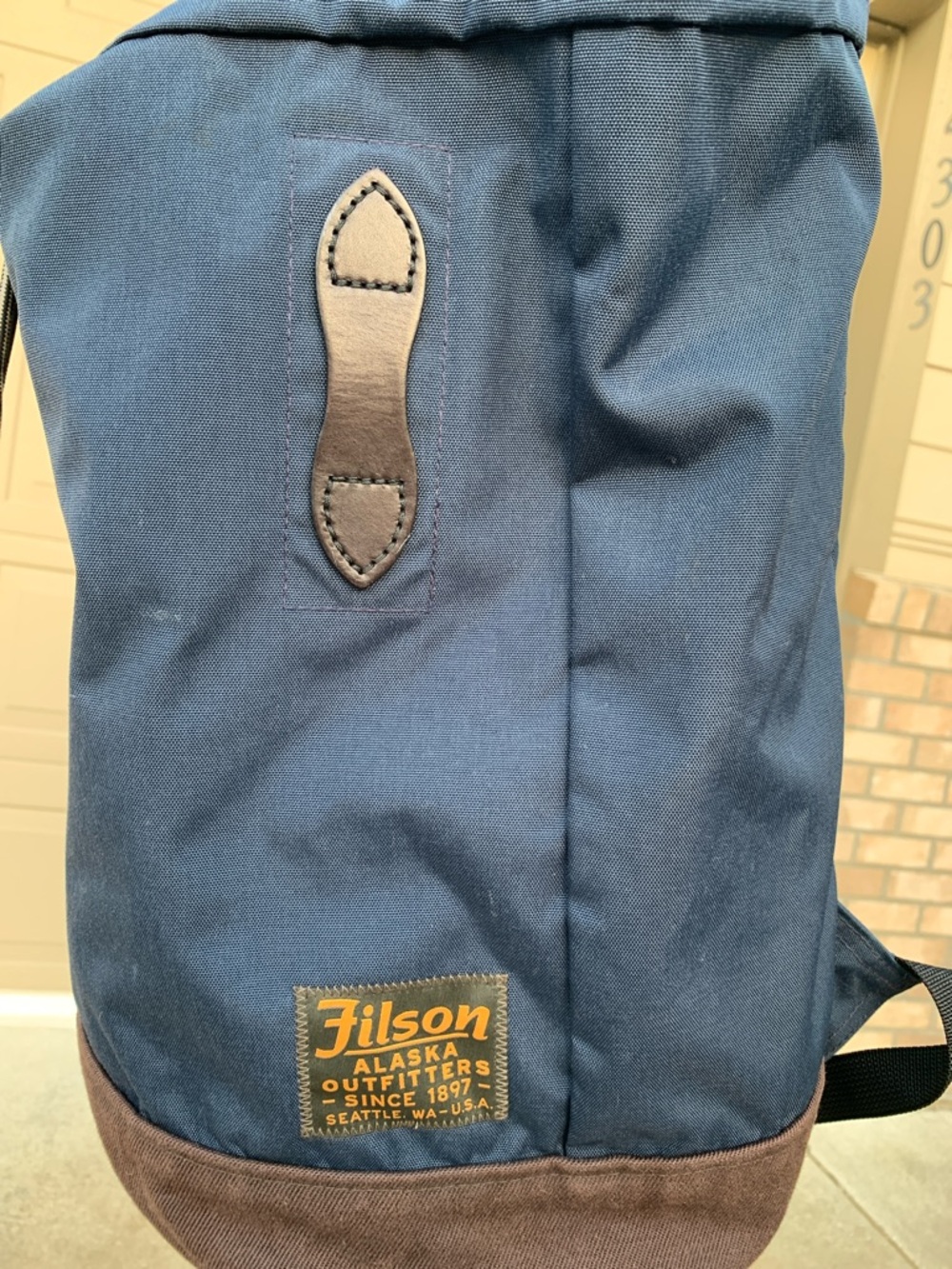 Filson Men’s Blue Waxed Canvas Backpack with Brown Trim 19x10